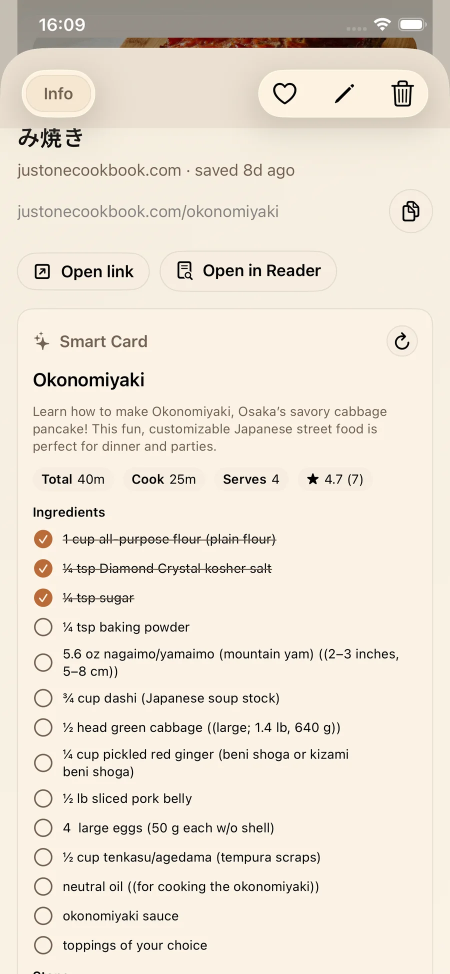 LinkBook recipe checklist screen showing step-by-step cooking progress on iPhone
