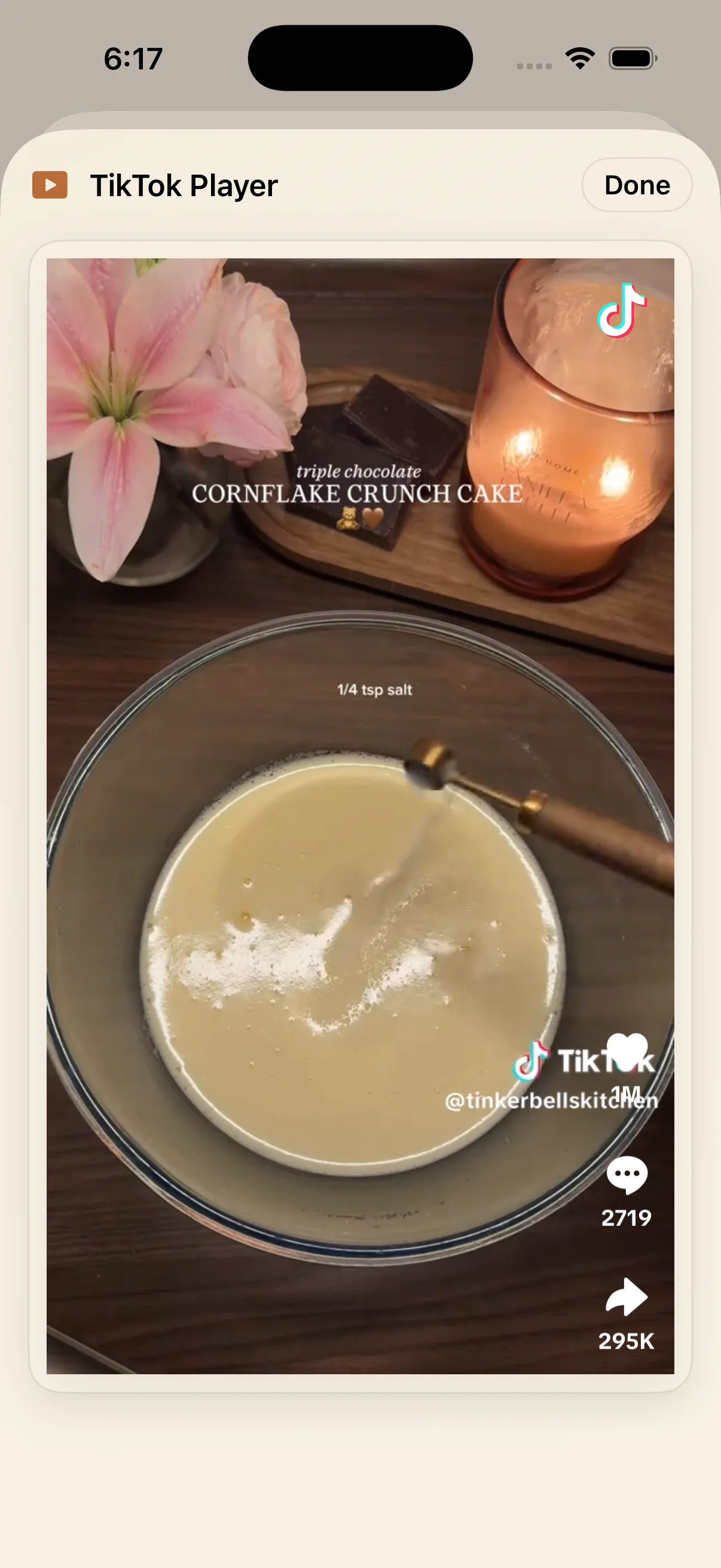 LinkBook TikTok player screen for a saved cornflake crunch chocolate cake recipe on iPhone