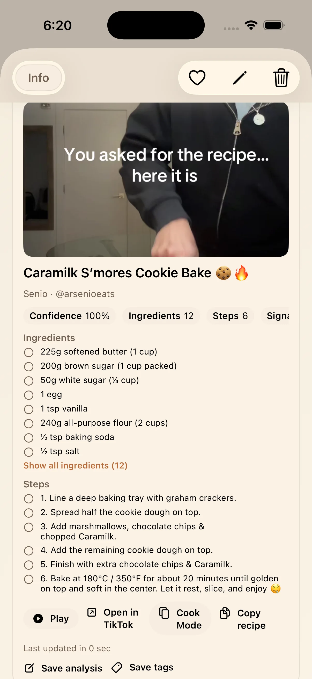 LinkBook TikTok recipe Smart Card showing ingredients, steps, and recipe actions for a cookie dessert